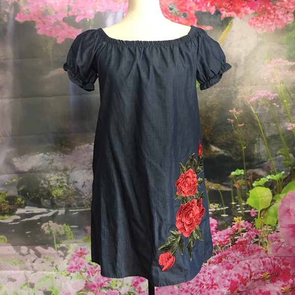 Denim Off Shoulder Dress w/Rose Patch & Pockets - Picture 1 of 1